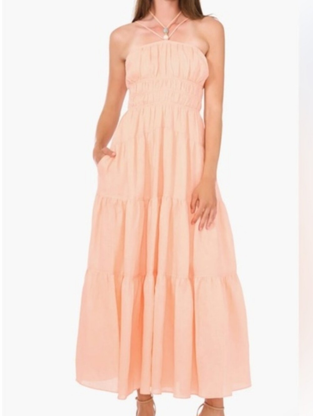 Parker The Awilda Peach Halter Tiered Linen  Maxi Sundress  Size 8 Nwt